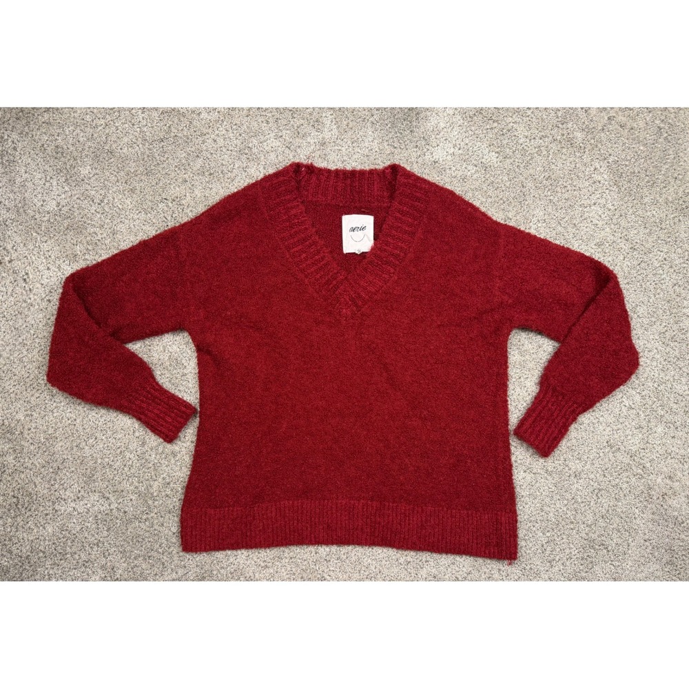 Aerie Sweater V-Neck Textured Knit Small Burgundy Red Oversized Cozy Pullover